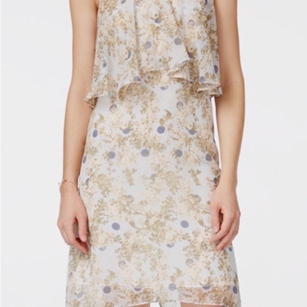 BCBGeneration Light Blue and Cream Floral Ruffle Mini Dress